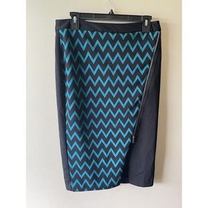 Worthington Skirt Size 6 Women’s Black Teal Diagonal Exposed Zipper Zig Zag EUC